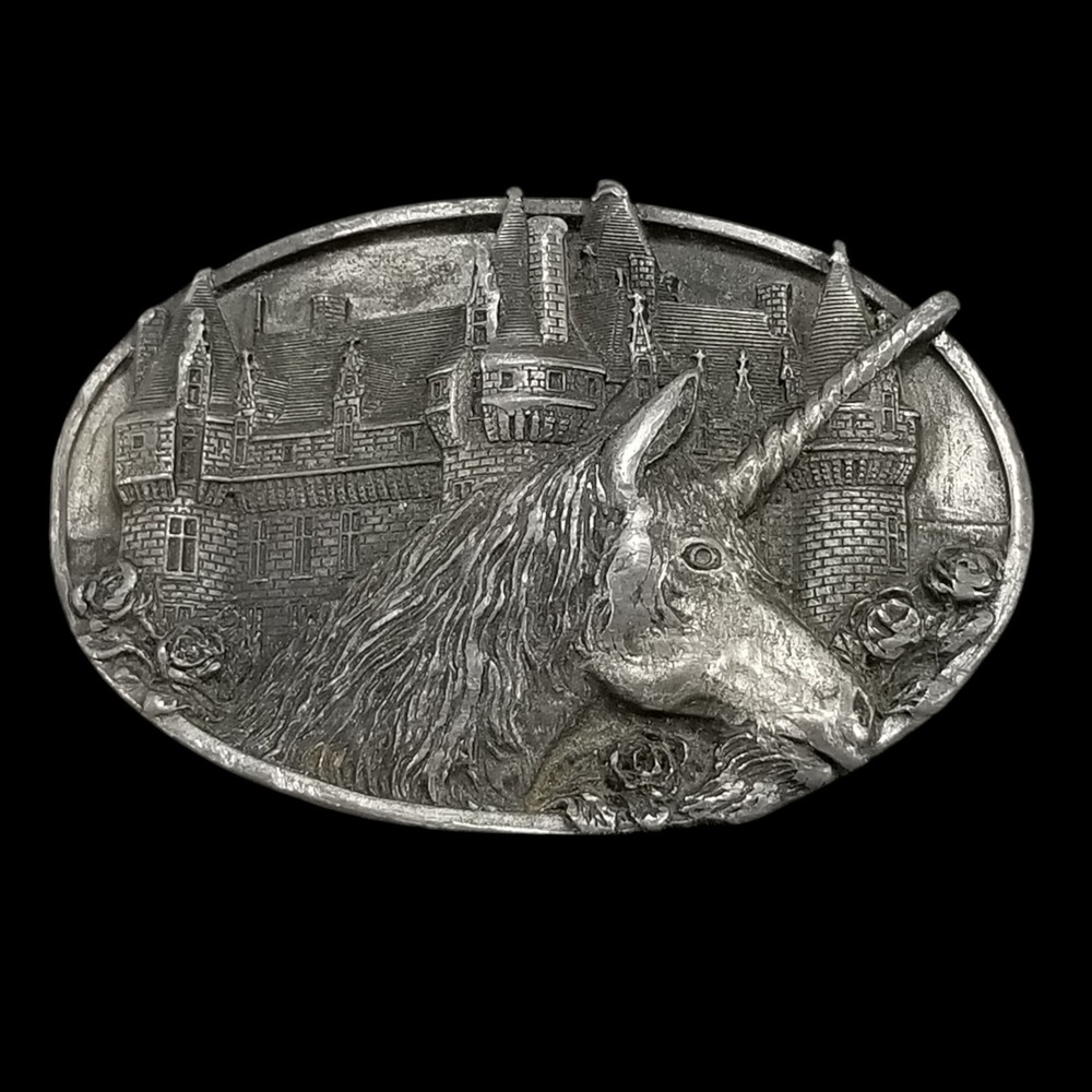 Bergamot Belt Buckle Vintage Unicorn Silver Castle Fantasy 1983 V-48 Made in USA